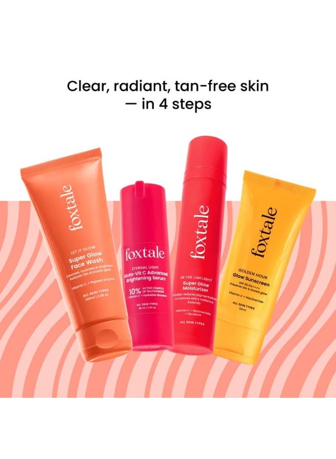 Foxtale Eternal Glow Combo | Super Glow Face Wash 100ml+ Vit C Glutathione Serum 30ml+ Super Glow Moisturizer 50ml+ SPF 50 Glow Sunscreen 50ml | Cleanses, brightens, hydrates & protects | All skin types - Image 2